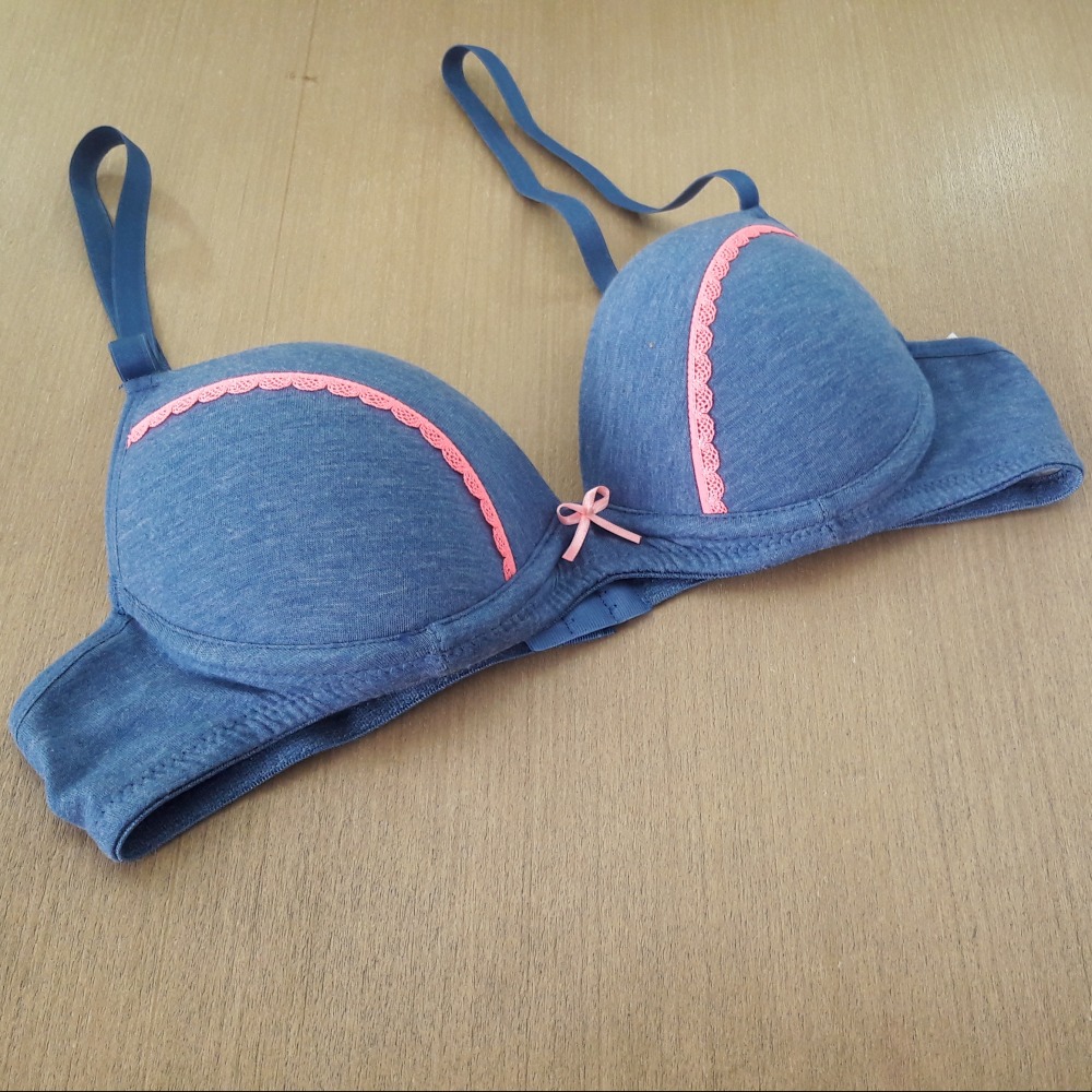 Suti Push Up com Elstico de Rendinha Jeans/Rosa Neon