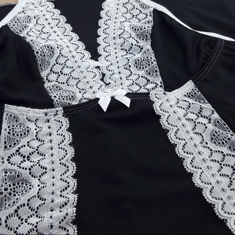 Camisola Yasmim em Microfibra de Polister e Renda Preto/ Branco