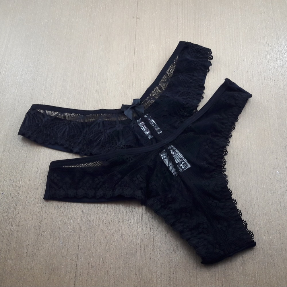 Calcinha Fio Duplo em Microfibra e Renda Preto Calcinha Fio Duplo em Microfibra e Renda Preto