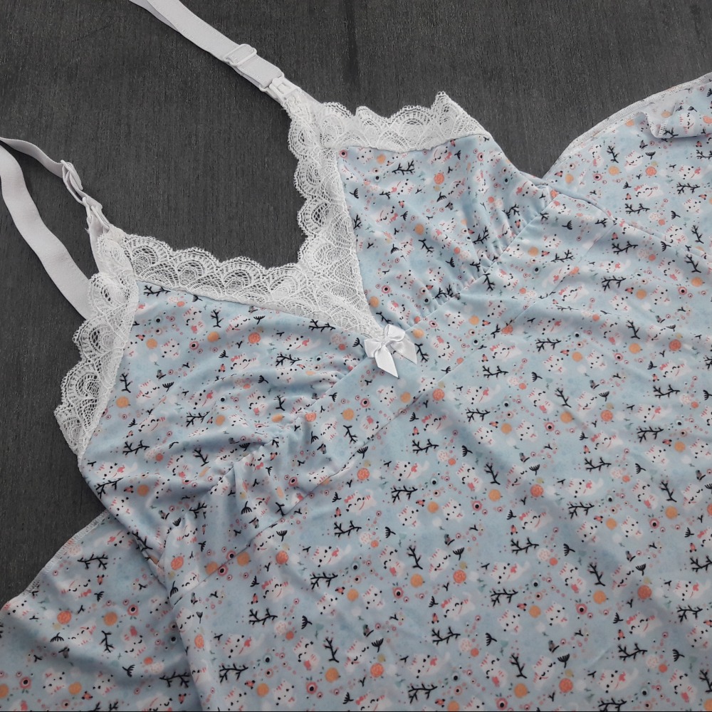 Camisola Amamentao Estampada  Renda Branca/Azul Gato