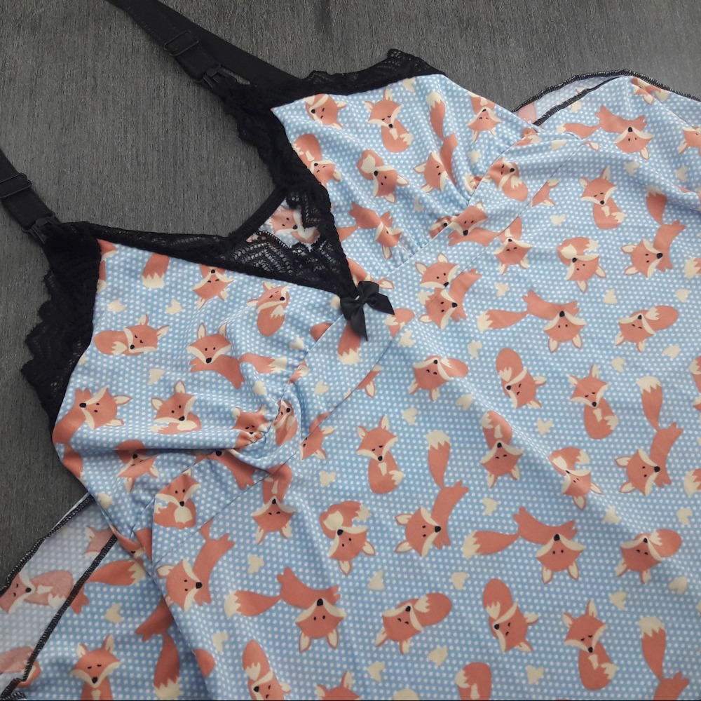 Camisola Amamentao Estampada  Renda Preta/Azul Raposa