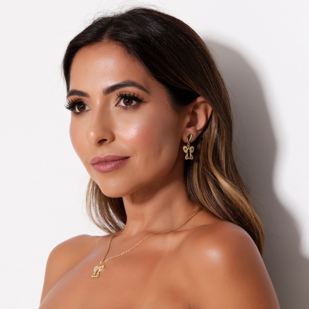 Conjunto Bijuteria Borboleta - Colar e Brinco Banhados