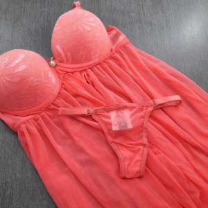 Camisola Tule com Bojo e Calcinha Renda  